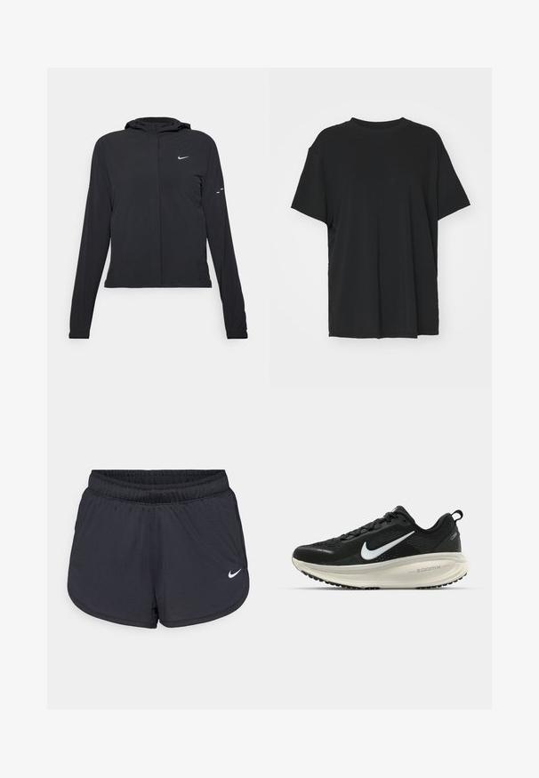 Črna kapuča s dolgimi rokavi, izdelana iz lahkega materiala. Ima sprednji zadrgo, logotip Nike in subtilne oblikovne detajle.; Črna kratka majica s kratkimi rokavi, izdelana iz gladkega materiala, s kroјnim ovratnikom in prostim krojem. Ima stranske razpoke za dodatno udobje in zračnost.; Črne atletske kratke hlače z elastičnim pasom, športnega dizajna z belim Nike logotipom na spodnjem delu spredaj. Tkanina z teksturo.; Črne Nike tekaške čevlje z zračno mrežno zgornjim delom, belim logotipom Swoosh, teksturiranimi detajli in smetanasto barvnim srednjim delom ZoomX.