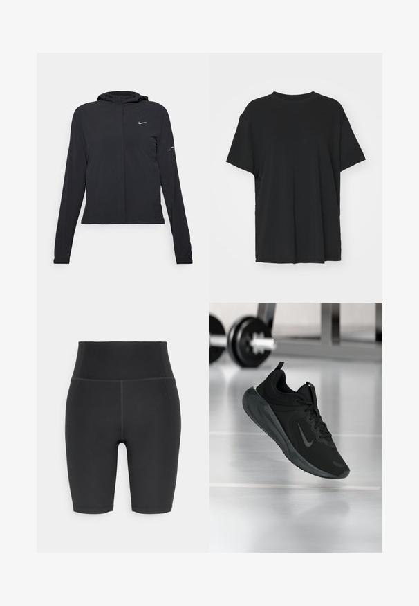 Crna jakna s kapuljačom i dugim rukavima, izrađena od laganog materijala. Ima prednji patentni zatvarač, Nike logo i suptilne dizajnerske detalje.; Crna majica kratkih rukava napravljena od glatkog materijala, s okruglim izrezom i slobodnim krojem. Ima bočne proreze za dodatnu udobnost i prozračnost.; Crne biciklističke hlače napravljene od rastezljivog materijala, s visokim pojasom i ravnim šavovima, glatke teksture i bez vidljivih uzoraka.; Crna sportska tenisica s Nike logotipom, prikazana u zraku na podu teretane, s mutnom stalcem za bučice u pozadini.