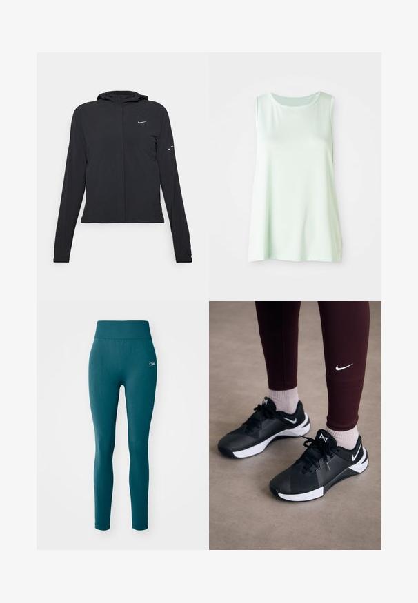 Casaco preto com capuz e mangas longas, feito de material leve. Apresenta um fecho dourado na frente, um logótipo da Nike e detalhes de design subtis.; Top sem mangas verde claro feito de tecido de malha respirável, com um decote redondo e um corte solto para conforto e liberdade de movimentos.; Leggings teal de cintura alta feitos de tecido elástico, com uma textura suave e detalhes em malha discreta na parte inferior da perna. Logótipo na cintura.; Ténis atléticos pretos com um upper texturizado e detalhes brancos, apresentando atacadores e um logo lateral. Usados com leggings cor-de-vinho e meias claras.