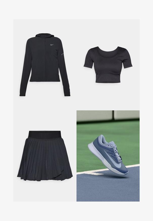 Casaco preto com capuz e mangas longas, feito de material leve. Apresenta um fecho dourado na frente, um logótipo da Nike e detalhes de design subtis.; Top curto preto com nervuras, mangas curtas, decote redondo largo e uma faixa ajustada na parte inferior. Textura suave, design casual.; Saia preta plissada com uma cintura elástica larga, feita de um tecido liso com um brilho sutil, até ao joelho com um design em camadas.; Sapatilhas desportivas em azul claro e azul marinho, com um topo texturizado, atacadores planos e uma sola leve branca. Elevadas acima de uma superfície de campo.