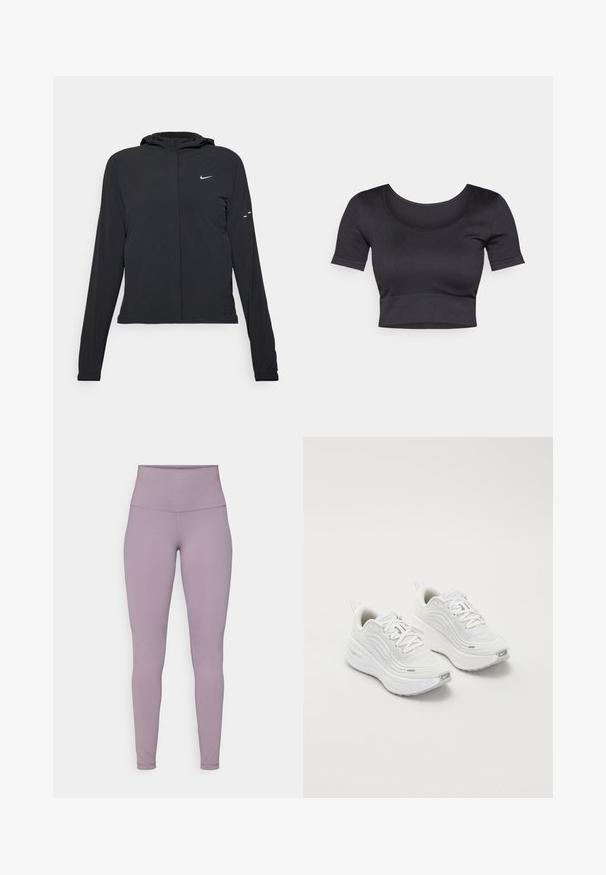 Sort hættetrøje med lange ærmer, lavet af letvægtsmateriale. Har en frontlynlås, et Nike-logo og subtile designaccenter.; Sort ribbet cropped top med korte ærmer, bred rund halsudskæring og en tætsiddende kant i bunden. Blød tekstur, afslappet design.; Højtaljede, lavendelfarvede leggings lavet af strækbart stof med en glat tekstur og uden synlige mønstre eller hardware.; Hvide sportssko med en struktureret mesh-overdel, polstret sål og subtile grå accenter. Inkluderer branding og en løkke i hælen for nem påtagning.