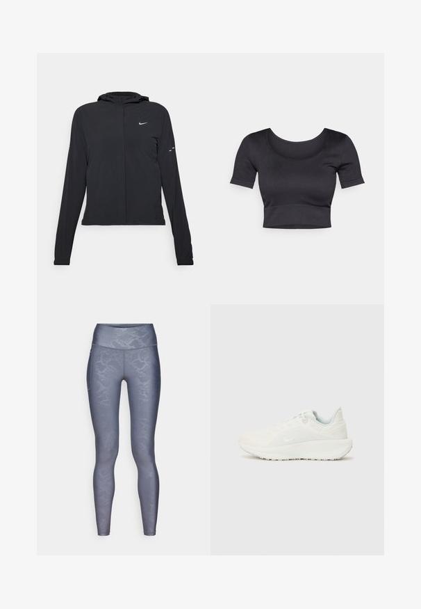 Mustassa hupparissa on pitkät hihat, ja se on valmistettu kevyestä materiaalista. Siinä on edessä vetoketju, Nike-logo ja hillityt muotoiluyksityiskohdat.; Mustan ribattu lyhythihainen crop-top, jossa on leveä pyöreä pääntie ja tiukka vyötäröosa. Pehmeä rakenne, rento suunnittelu.; ONLY Play ONPJAM-2-SNAKE LIFE - Trikoot - grey; Valkoiset urheilusukat, joissa on teksturoidut päälliset, pehmustettu nilkkaosa ja nauhakiinnitys. Ominaisuuksiin kuuluu kaareva ulkopohja ja hillitty brändäys sivulla.