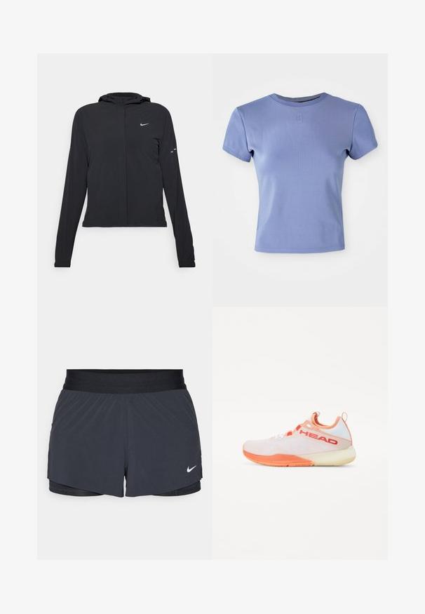 Mustassa hupparissa on pitkät hihat, ja se on valmistettu kevyestä materiaalista. Siinä on edessä vetoketju, Nike-logo ja hillityt muotoiluyksityiskohdat.; Vaaleanlila muotoiltu t-paita, joka on valmistettu ribbitystä kankaasta. Paidassa on pyöreä pääntie ja lyhyet hihat. Rinnassa on pieni logoyksityiskohta.; Mustat urheilushortsit, joissa on joustava vyötärö. Shortseissa on kerroksellinen muotoilu ja pieni valkoinen Nike-logo vasemmassa alareunassa. Kevyt materiaali.; Urheilu kengät, joissa on kevyt verkkokuori valkoisena ja vaalean persikan värisenä, oransseilla yksityiskohdilla, teksturoitu pohja ja hyvin näkyvä brändin logo.