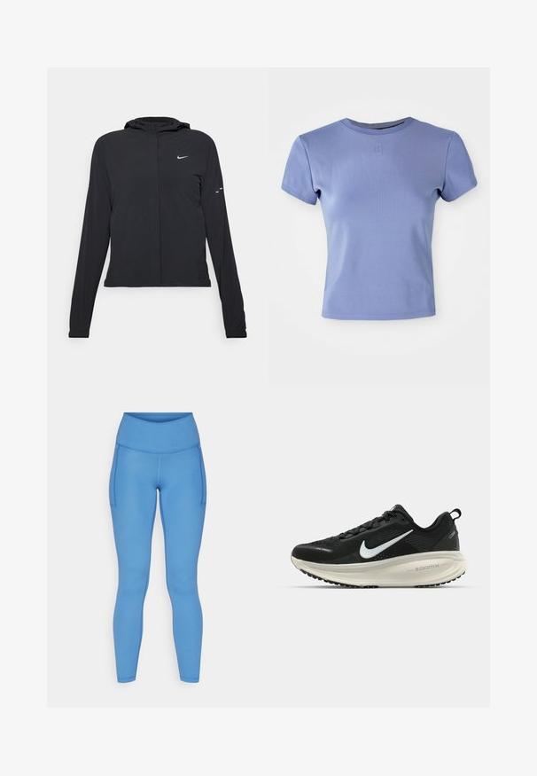 Casaco preto com capuz e mangas longas, feito de material leve. Apresenta um fecho dourado na frente, um logótipo da Nike e detalhes de design subtis.; T-shirt ajustada de tom lilás, feita de tecido canelado, com decote redondo e mangas curtas. Inclui um pequeno logo na zona do peito.; Leggings azuis com uma cintura alta, textura suave, bolsos laterais e design ajustado para vestuário ativo.; Sapatilha de corrida Nike preta com parte superior de malha respirável, logotipo Swoosh branco, detalhes texturizados e uma entressola ZoomX na cor creme.