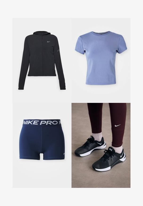 Čierna kapucňová bunda s dlhou rukávou, vyrobená z ľahkého materiálu. Má predný zips, logo Nike a jemné dizajnové akcenty.; Svetlofialové priliehavé tričko s krátkymi rukávmi vyrobené z rebrovanej látky, s okrúhlym výstrihom. Obsahuje malý logo akcent na hrudi.; Námorné športové šortky s širokým elastickým pásom, na ktorom je biele písmeno "NIKE PRO". Hladká textúra s plochými švami a kontrastným logom.; Čierne športové topánky s textúrovaným zvrškom a bielymi akcentmi, s dvoma šnúrkami a logom na boku. Nosené s bordo legínami a svetlými ponožkami.