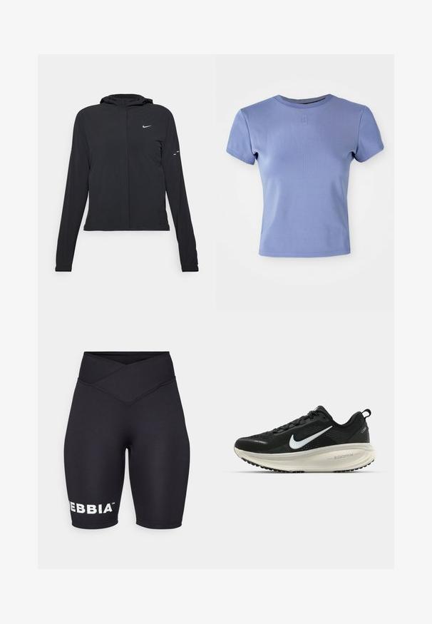 Jachetă neagră cu glugă, cu mâneci lungi, fabricată din material ușor. Dispune de un fermoar frontal, un logo Nike și accente de design subtile.; Tricou ajustat de culoare mov deschis, realizat dintr-un material ribbit, cu decolteu rotund și mâneci scurte. Include un accent logo mic pe piept.; Șorturi negre de ciclism cu un talie înaltă, încrucișată. Fabricate dintr-un material elastic, cu brandingul alb "DEBBIA" pe piciorul stâng. Textură netedă.; Pantofii de alergare negri de la Nike, cu parte superioară din plasă respirabilă, logo-ul alb Swoosh, detalii texturate și o talpă intermediară ZoomX de culoare crem.