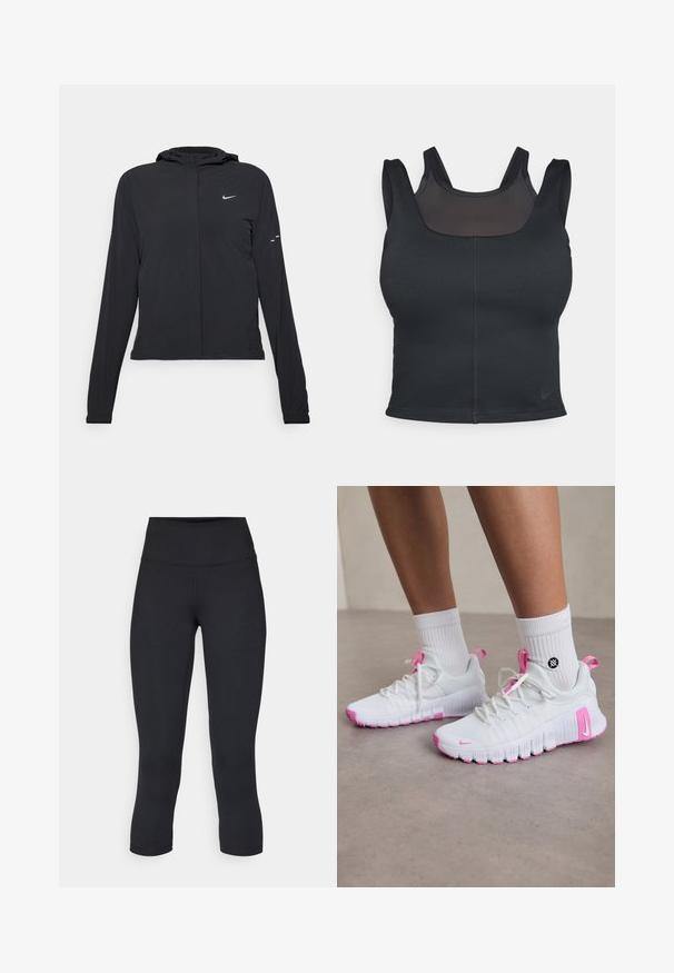 Črna kapuča s dolgimi rokavi, izdelana iz lahkega materiala. Ima sprednji zadrgo, logotip Nike in subtilne oblikovne detajle.; Črn športni modrček z oblikovanim dizajnom, širokimi naramnicami in mrežasto oblogo spredaj. Gladka struktura in minimalni šivi. Nike logotip na robu.; Črne skrajšane legice iz raztegljive tkanine, z visokim pasom in gladko teksturo, brez vidnih vzorcev ali kovinskih delov.; Bele športne čevlje v beli barvi z roza podrobnostmi, aerodinamičen oblikovanje, teksturiran zgornji del iz mrežastega materiala in fleksibilen gumijast podplat. Vsebujejo logotip in zanko za poteg.