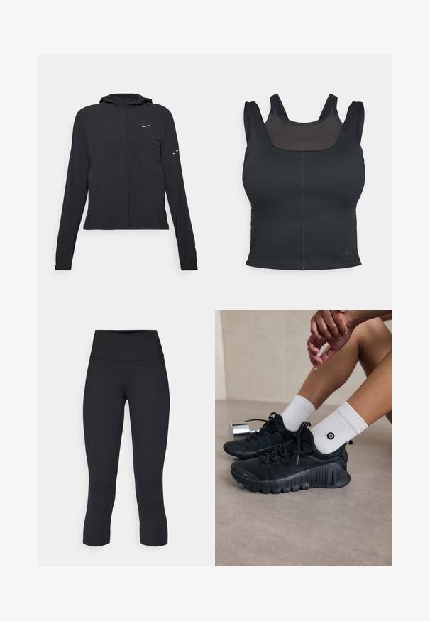 Black hooded jacket with long sleeves, made from lightweight material. Features a front zipper, a Nike logo, and subtle design accents.; Black sports bra featuring a fitted design, wide straps, and a mesh overlay on the front. Smooth texture and minimal seams. Nike logo on hem.; Black cropped leggings made of stretchy fabric, featuring a high waistband and smooth texture, with no visible patterns or hardware.; Black athletic shoes with textured fabric, laced design, and a prominent sole, paired with white ribbed socks featuring a small logo.