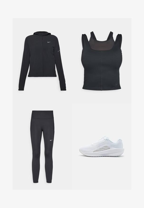 Sort hættetrøje med lange ærmer, lavet af letvægtsmateriale. Har en frontlynlås, et Nike-logo og subtile designaccenter.; Sort sportsbh med en tætsiddende design, brede stropper og et netoverlag på fronten. Glat tekstur og minimale sømme. Nike logo på kanten.; Sorte leggings lavet af strækbart stof, med en høj talje og et hvidt Nike-logo på venstre lår. Glat tekstur, tætsiddende design.; Hvid træningssko med mesh-overdel, rund tå og tekstureret sål. Har et sølvfarvet Nike-swoosh og et minimalistisk design.