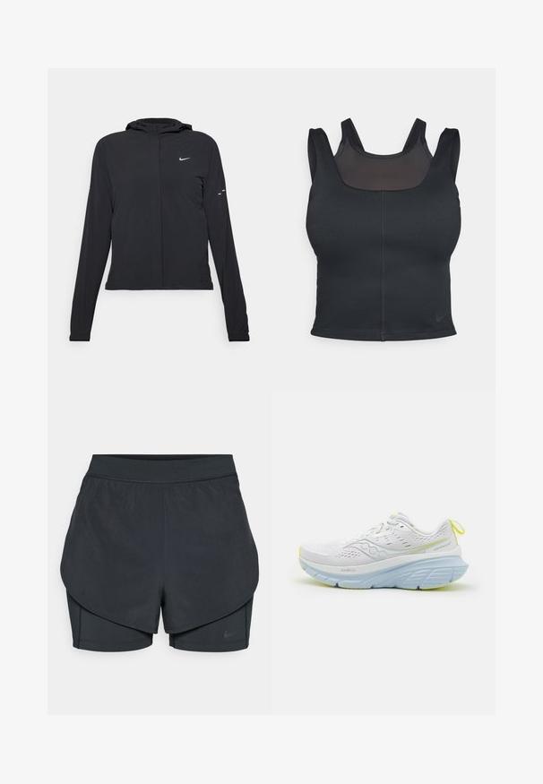Melnā kapuci jaka ar garām piedurknēm, izgatavota no viegla materiāla. Tam ir priekšējais rāvējslēdzis, Nike logo un smalki dizaina akcenti.; Melnas sporta krūšturis ar pieguļošu dizainu, platām siksnām un acs pārklājumu priekšpusē. Gluda tekstūra un minimālas vīles. Nike logo apakšmalā.; Melnas sporta šortus ar slāņotu dizainu, kas ietver gludu ārējo slāni un pieguļošus iekšējos šortus. Izgatavoti no viegla, elastīga auduma.; Balta skriešanas apava ar sieta augšdaļu, ar gaiši ziliem akcentiem un biezu zoli. Izceļas dzelteni elementi uz zoles un papēža cilpas.