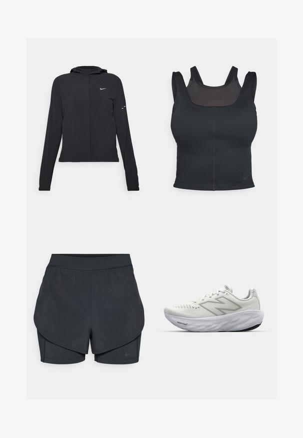 Black hooded jacket with long sleeves, made from lightweight material. Features a front zipper, a Nike logo, and subtle design accents.; Black sports bra featuring a fitted design, wide straps, and a mesh overlay on the front. Smooth texture and minimal seams. Nike logo on hem.; Black athletic shorts with a layered design, featuring a smooth outer layer and fitted inner shorts. Made of lightweight, stretch fabric.; White athletic shoes with a mesh upper, featuring a padded collar, textured sole, and the "Fresh Foam" branding on the midsole.