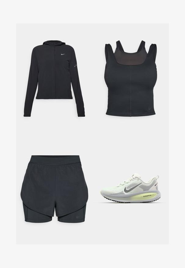 Schwarze Kapuzenjacke mit langen Ärmeln, aus leichtem Material gefertigt. Sie hat einen vorderen Reißverschluss, ein Nike-Logo und dezente Designelemente.; Schwarzer Sport-BH mit enganliegendem Design, breiten Trägern und einem Netzüberzug auf der Vorderseite. Glatte Textur und minimale Nähte. Nike-Logo am Saum.; Schwarze sportliche Shorts mit einem geschichteten Design, das eine glatte äußere Schicht und eng anliegende innere Shorts umfasst. Hergestellt aus leichtem, dehnbarem Material.; Nike Performance VOMERO 18 - Laufschuh Straße - summit white/black/barely volt/light silver/metallic silver