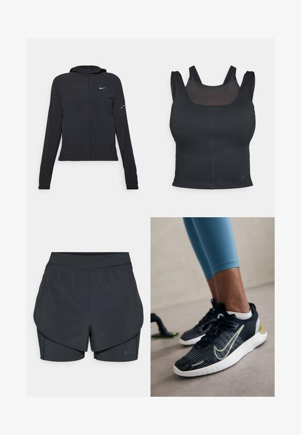 Black hooded jacket with long sleeves, made from lightweight material. Features a front zipper, a Nike logo, and subtle design accents.; Black sports bra featuring a fitted design, wide straps, and a mesh overlay on the front. Smooth texture and minimal seams. Nike logo on hem.; Black athletic shorts with a layered design, featuring a smooth outer layer and fitted inner shorts. Made of lightweight, stretch fabric.; Black athletic shoes with textured fabric, white sole, and a yellow accent. Features a lace-up design and a prominent logo on the side.