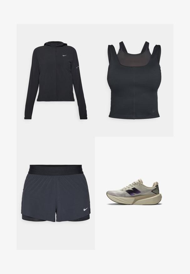 Black hooded jacket with long sleeves, made from lightweight material. Features a front zipper, a Nike logo, and subtle design accents.; Black sports bra featuring a fitted design, wide straps, and a mesh overlay on the front. Smooth texture and minimal seams. Nike logo on hem.; Black athletic shorts with an elastic waistband, featuring a layered design and a small white Nike logo on the lower left. Lightweight material.; Light beige athletic shoe with chunky sole, black and purple "N" logo on side, and "FantomFit" label on heel.