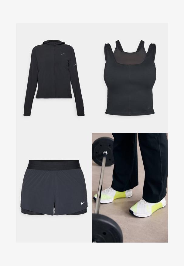 Crna jakna s kapuljačom i dugim rukavima, izrađena od laganog materijala. Ima prednji patentni zatvarač, Nike logo i suptilne dizajnerske detalje.; Crni sportski grudnjak s prilagođenim dizajnom, širokim trakama i mrežastim prekrivačem sprijeda. Glatka tekstura i minimalni šavovi. Nike logo na rubu.; Crne atletske kratke hlače s elastičnom stražnjicom, imaju slojeviti dizajn i mali bijeli Nike logo na donjoj lijevoj strani. Lagani materijal.; Nike Performance METCON 9 - Tenisice za trening - white/volt cyber/summit white/black