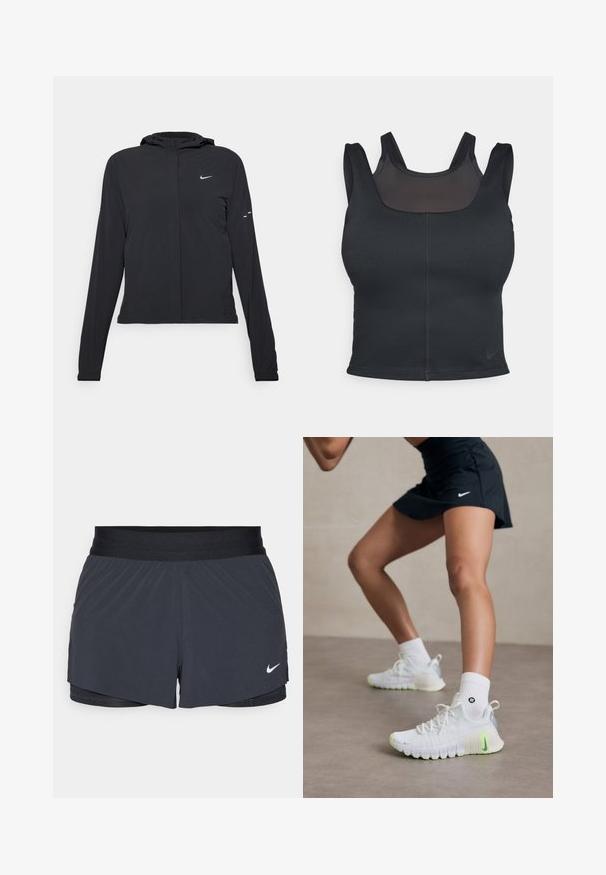 Čierna kapucňová bunda s dlhou rukávou, vyrobená z ľahkého materiálu. Má predný zips, logo Nike a jemné dizajnové akcenty.; Čierna športová podprsenka s priliehavým strihom, širokými ramienkami a sieťovinou na prednej strane. Hladký povrch a minimálne švy. Logo Nike na leme.; Čierne športové šortky s elastickým pásom, ktoré majú vrstvený dizajn a malú bielu aplikáciu loga Nike v dolnom ľavom rohu. Ľahký materiál.; Biele atletické topánky s textúrovaným povrchom, neonovo zelené akcenty a výrazné logo Nike. Nosené s bielymi členkovými ponožkami.
