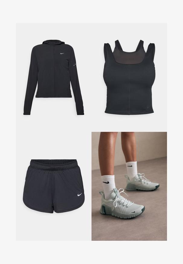 Black hooded jacket with long sleeves, made from lightweight material. Features a front zipper, a Nike logo, and subtle design accents.; Black sports bra featuring a fitted design, wide straps, and a mesh overlay on the front. Smooth texture and minimal seams. Nike logo on hem.; Black athletic shorts with an elastic waistband, featuring a sporty design and a white Nike logo on the lower front. Textured fabric.; Light gray athletic shoes with textured fabric, white laces, and a green sole. Paired with white ribbed socks featuring a black logo.