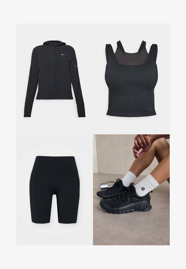 Svart hettegenser med lange ermer, laget av lett materiale. Har glidelås foran, Nike-logo og subtile design detaljer.; Svart treningsbh med en tettsittende design, brede stropper og et nettdeksel foran. Glatt tekstur og minimale sømmer. Nike-logo på kanten.; Sorte høytlivssykkelshorts laget av elastisk stoff med en glatt tekstur, med sidelommer og en tettsittende design.; Svarte idrettssko med teksturert stoff, snøring og en fremtredende såle, sammen med hvite ribbestrikkede sokker med en liten logo.