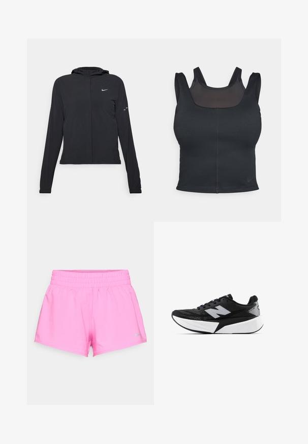 Črna kapuča s dolgimi rokavi, izdelana iz lahkega materiala. Ima sprednji zadrgo, logotip Nike in subtilne oblikovne detajle.; Črn športni modrček z oblikovanim dizajnom, širokimi naramnicami in mrežasto oblogo spredaj. Gladka struktura in minimalni šivi. Nike logotip na robu.; Svetlo roza športne kratke hlače z elastičnim pasom in majhnim sivo Nike logotipom na spodnjem levem robu proti beli ozadju.; Črno-bela tekaška obutev New Balance z debelim podplatom, mrežnim zgornjim delom in logotipom "N" na strani, prikazana s zunanje strani.