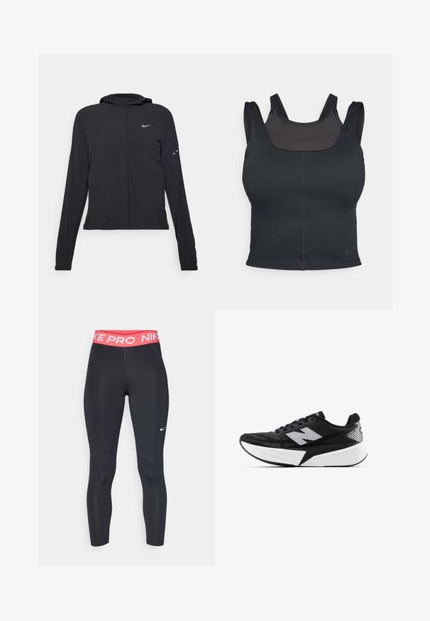 Mustassa hupparissa on pitkät hihat, ja se on valmistettu kevyestä materiaalista. Siinä on edessä vetoketju, Nike-logo ja hillityt muotoiluyksityiskohdat.; Mustaharjoituskliivan mallinen musta urheiluliivi, jossa on leveät hihnat ja silkkinen verkkokangas etuosassa. Sujuva pinta ja vähäiset saumat. Nike-logo helmassa.; Nike Performance CROP - Trikoot - black/aster pink/white; Mustat ja valkoiset New Balance -juoksukengät, joissa on paksu pohja, verkkomateriaali päällä ja "N"-logo sivulla, nähtynä ulkopuolelta.