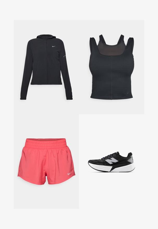 Must musta kapuutsiga jakk, millel on pikad varrukad ja mis on valmistatud kergetest materjalidest. Omab esitaskut, Nike logo ja kergelt silmatorkavaid disainiaktsente.; Mustmust milano spordirinnahoidja, millel on lähedane disain, laiad rihmad ja ees olev võrgusilm. Sile tekstuur ja minimaalne õmblus. Nike logo alläärs.; Nike Performance ONE SHORT - Spordišortsid - aster pink/reflective silver; Mustvalge New Balance jooksujalats, millel on paks tallar ja võrkkangast ülemine osa, ning külgvaates on näha ka „N” logo.
