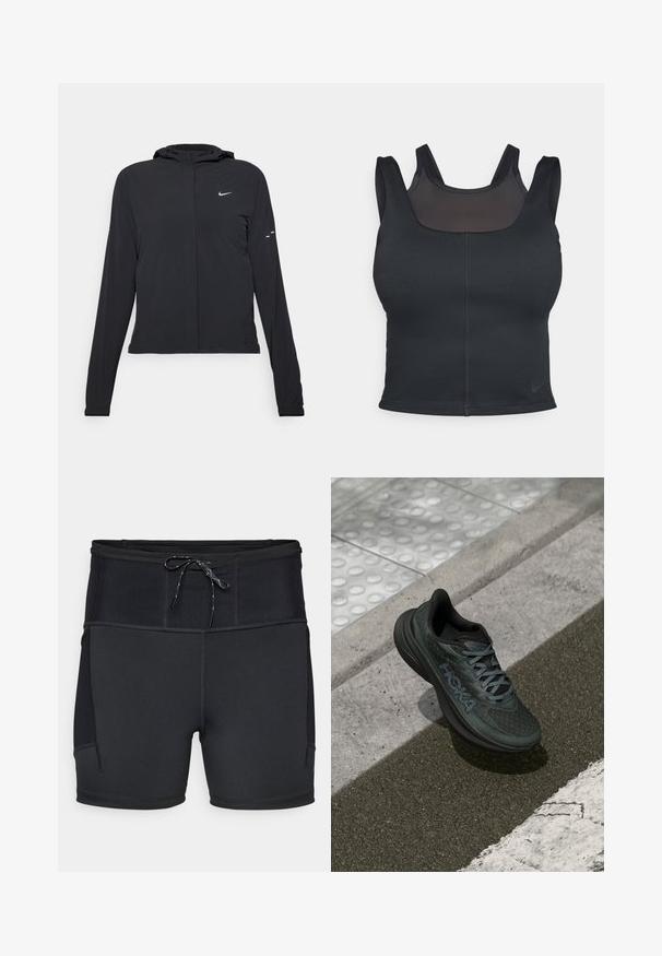 Juodas gobtuvas striukė su ilgomis rankovėmis, pagaminta iš lengvo audinio. Pasižymi priekiniais užtrauktukais, Nike logotipu ir subtiliais dizaino akcentais.; Juodas sportinis liemenukas su prigludusia forma, plačiomis petnešomis ir tinklo apdaila priekyje. Lygus paviršius ir minimalūs siūlai. Nike logotipas apačioje.; Juoda sportinė šortai su aukštu juosmeniu, tekstūruota viršutinė dalis ir raištelis. Yra plokščios siūlės ir šoninės kišenės.; Juodas bėgimo batelis su tinkline viršutine dalimi, tekstūruotomis akcentais ir logotipu, su paminkštintu padu ir pilkomis raištelėmis, padėtas ant asfalto.