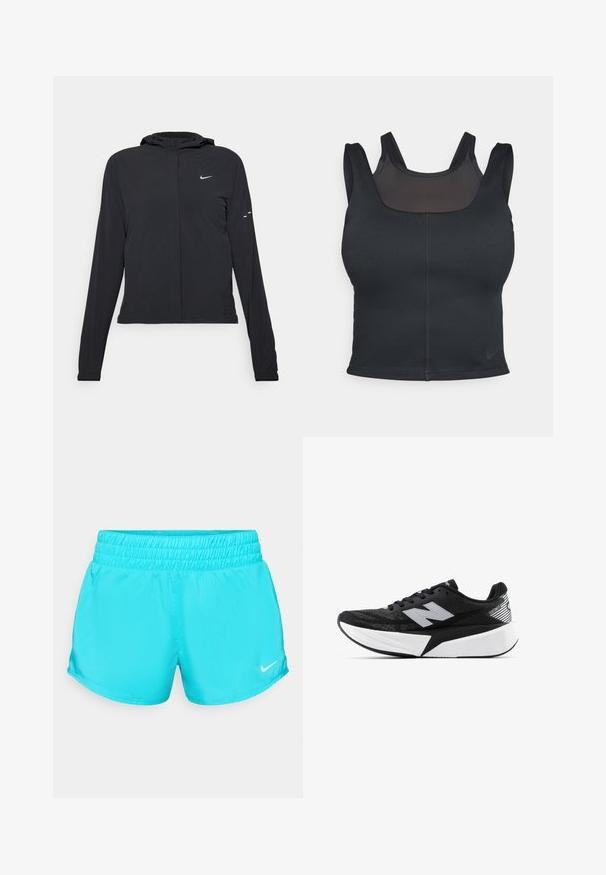Crna jakna s kapuljačom i dugim rukavima, izrađena od laganog materijala. Ima prednji patentni zatvarač, Nike logo i suptilne dizajnerske detalje.; Crni sportski grudnjak s prilagođenim dizajnom, širokim trakama i mrežastim prekrivačem sprijeda. Glatka tekstura i minimalni šavovi. Nike logo na rubu.; Tirkizne sportske kratke hlače s elastičnim pojasom i malim bijelim Nike logotipom na donjoj desnoj strani. Glatka, lagana tkanina.; Crno-bijela New Balance trkačka cipela s debelim potplatom, mrežastim gornjim dijelom i "N" logotipom sa strane, prikazana s vanjske strane.