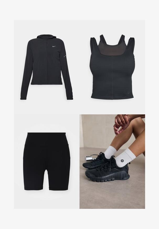 Fekete kapucnis dzseki hosszú ujjakkal, könnyű anyagból készült. Elülső cipzárral, Nike logóval és diszkrét dizájn elemekkel rendelkezik.; Fekete sportrész a testhezálló kialakítása, széles pántjai és hálós borítása miatt. Sima tapintás és minimális varrások. Nike logó a szegélyén.; Fekete sportnadrág sima textúrával, combközép hosszúsággal, magas derékkal és oldalsó zsebekkel. Egyszerű dizájn, nincs látható mintázat vagy díszítés.; Fekete sportcipők texturált anyagból, fűzős kialakítással és hangsúlyos talppal, fehér bordás zoknikkal párosítva, melyek kis logóval rendelkeznek.