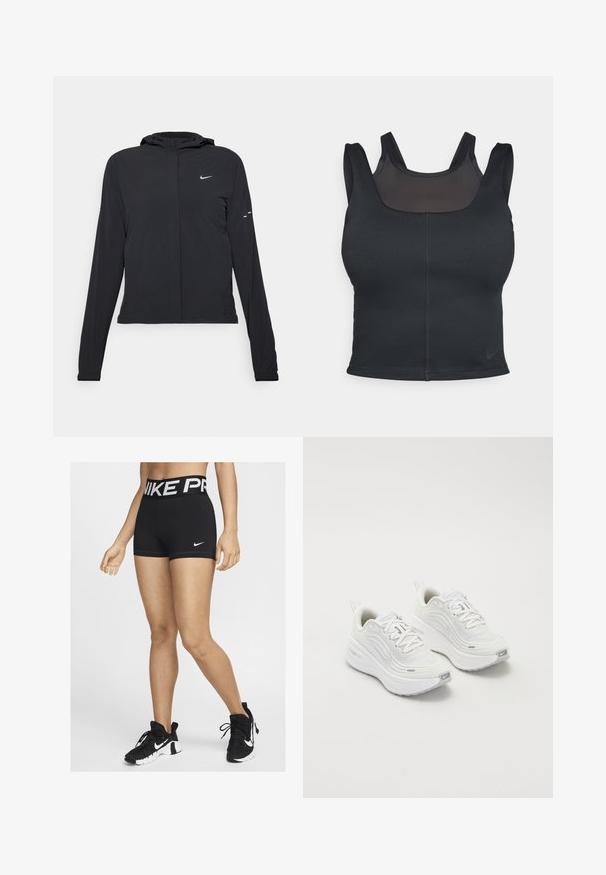 Melnā kapuci jaka ar garām piedurknēm, izgatavota no viegla materiāla. Tam ir priekšējais rāvējslēdzis, Nike logo un smalki dizaina akcenti.; Melnas sporta krūšturis ar pieguļošu dizainu, platām siksnām un acs pārklājumu priekšpusē. Gluda tekstūra un minimālas vīles. Nike logo apakšmalā.; Melni sporta šorti ar plašu jostu, uz kuras ir balti burti "NIKE PRO". Sānos ir redzams neliels balts Nike svītriņa logotips.; Baltas sporta apavi ar teksturētu sieta augšdaļu, mīkstinātu zoli un smalkiem pelēkiem akcentiem. Iekļauj zīmolu un cilpu papēža cilpu vieglai uzvilkšanai.