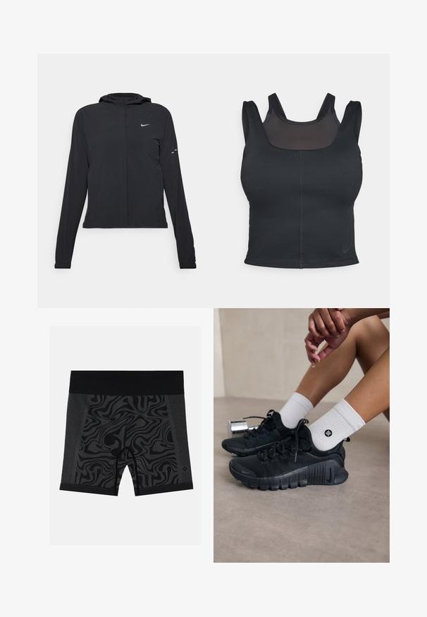 Black hooded jacket with long sleeves, made from lightweight material. Features a front zipper, a Nike logo, and subtle design accents.; Black sports bra featuring a fitted design, wide straps, and a mesh overlay on the front. Smooth texture and minimal seams. Nike logo on hem.; Black athletic shorts featuring a wavy pattern, mesh accents on the sides, and a solid black waistband. Smooth, stretchy fabric.; Black athletic shoes with textured fabric, laced design, and a prominent sole, paired with white ribbed socks featuring a small logo.