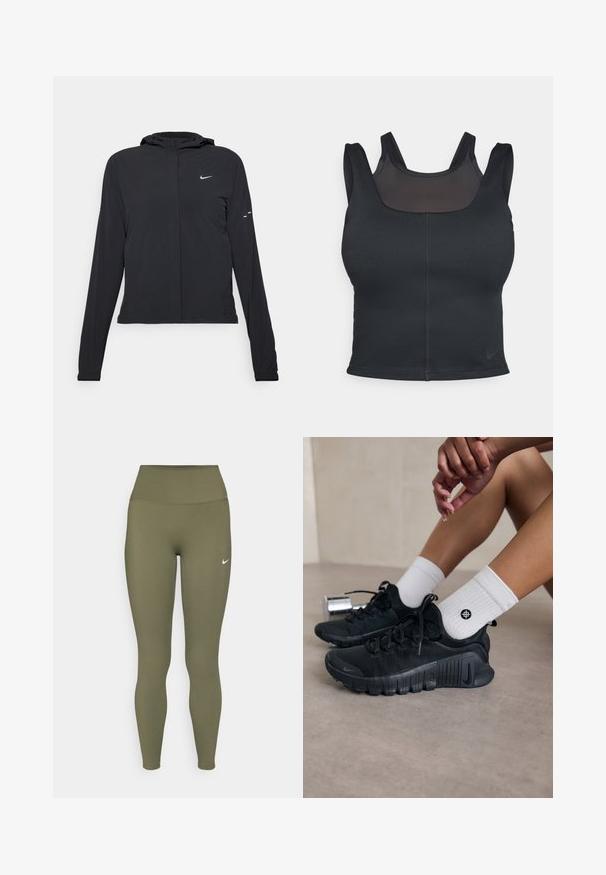 Czarna kurtka z kapturem, z długimi rękawami, wykonana z lekkiego materiału. Posiada zamek błyskawiczny z przodu, logo Nike oraz subtelne akcenty wzornicze.; Czarny biustonosz sportowy o dopasowanym kroju, z szerokimi ramiączkami i siateczkowym wykończeniem z przodu. Gładka tekstura i minimalne szwy. Logo Nike na dolnym brzegu.; Zielone oliwkowe legginsy z wysokim stanem, wykonane z gładkiego, elastycznego materiału, z małym białym logo blisko pasa.; Czarne buty sportowe z teksturowanej tkaniny, z warkoczowym wzorem i wyraźną podeszwą, w zestawie z białymi skarpetami prążkowanymi z małym logo.