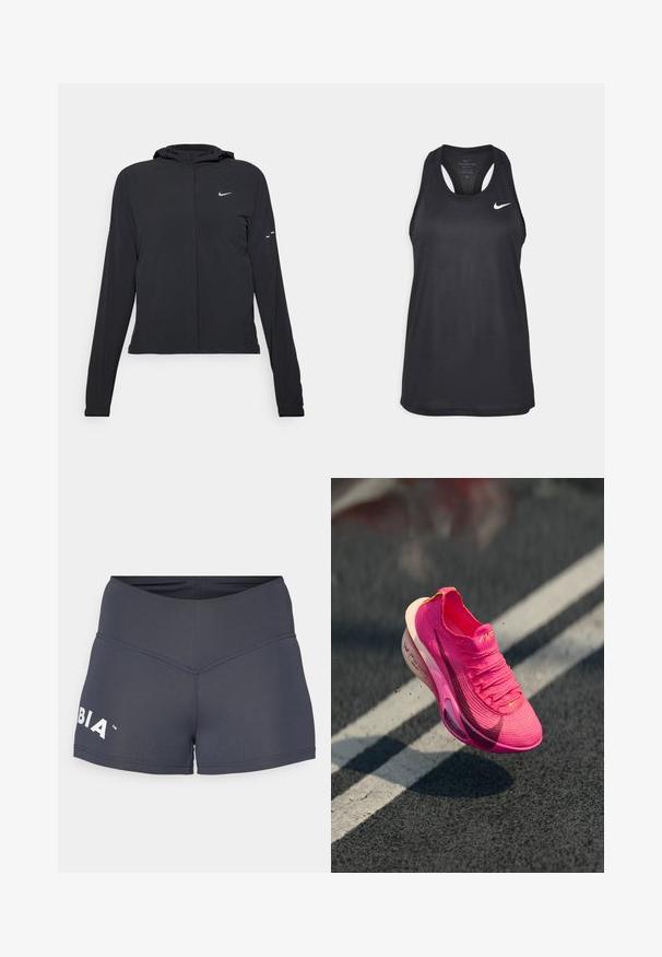 Svart hettegenser med lange ermer, laget av lett materiale. Har glidelås foran, Nike-logo og subtile design detaljer.; Svart Nike atletisk tank topp med rund hals, racerback-design og brodert logo på brystet. Glatt stofftekstur.; Mørkegrå atletiske shorts med en bred livlinje og kontrasterende hvitt logo. Glatt tekstur, tettsittende design og minimale sømdetaljer.; Sportssko i lys rosa strikket materiale med teksturert overflate, mesh-overdel og en hvit mellomsåle. Har en swoosh-logo i mørk rosa.