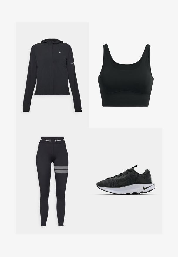 Giacca nera con cappuccio e maniche lunghe, realizzata in materiale leggero. Presenta una zip frontale, il logo Nike e accenti di design sottili.; Brasiletta sportiva nera realizzata in tessuto liscio, con scollatura a barco, spalline larghe e design senza cuciture con orlo curvo.; Leggings neri a vita alta, con un logo bianco "STRONGER" sulla vita e dettagli in mesh a strisce orizzontali sulla coscia.; Scarpe sportive nere con tomaia testurizzata, dotate di una suola intermedia bianca e dettagli neri. Punta arrotondata e collare imbottito per il comfort.