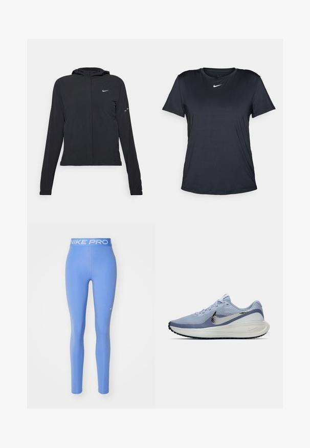 Fekete kapucnis dzseki hosszú ujjakkal, könnyű anyagból készült. Elülső cipzárral, Nike logóval és diszkrét dizájn elemekkel rendelkezik.; Fekete sportpóló sima, könnyű anyagból. Kerek nyakkivágással és rövid ujjakkal rendelkezik, a mellkason fehér Nike logó található.; Nike Pro leggings, egyszínű világoskék, elasztikus derékpánt fehér "NIKE PRO" felirattal, sima textúrájú, testhezálló dizájn.; Világoskék és fehér Nike futócipő ezüst swoosh logóval, légáteresztő hálós felsővel, párnázott talppal és fekete talpkiképzéssel.