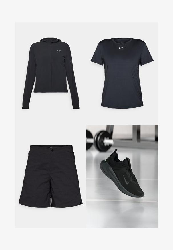 Must musta kapuutsiga jakk, millel on pikad varrukad ja mis on valmistatud kergetest materjalidest. Omab esitaskut, Nike logo ja kergelt silmatorkavaid disainiaktsente.; Must musta t-särk mustast, siledast ja kergest kangast. Omab ümmargust kaelust ja lühikesi varrukaid, rinnal on valge Nike logo.; Mustad mustrid kergest kangast, millel on nupuga kinnine ja kaks küljetaskut. Lihtne disain, puhas joontega ja minimaalsete detailidega.; Mustad mustang spordijalatsid Nike logo'ga, õhus spordisaali põrandal, häguste hantlite riiulitega taustal.