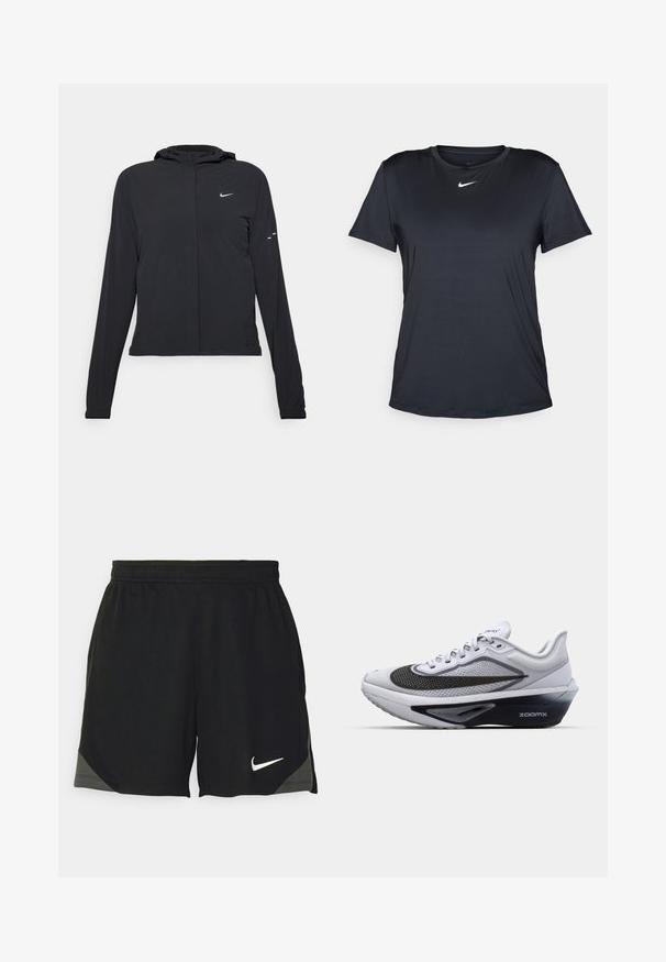 Mustassa hupparissa on pitkät hihat, ja se on valmistettu kevyestä materiaalista. Siinä on edessä vetoketju, Nike-logo ja hillityt muotoiluyksityiskohdat.; Mustat urheilupaidat, jotka on valmistettu sileästä ja kevyestä kankaasta. Siinä on pyöreä kaula-aukko ja lyhyet hihat, ja rinnassa on valkoinen Nike-logo.; Mustat urheiluhaalarit, jotka on valmistettu kevyestä kankaasta, näyttävä kuvio, joustava vyötärö ja valkoinen Nike-logo helma.; Valkoinen urheilujalkine, jossa on verkko-osa, musta kaareva swoosh, ZoomX-vaimennussisus ja teksturoitu muotoilu hengittävyyttä varten.