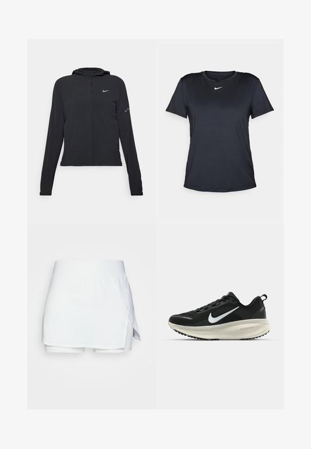 Fekete kapucnis dzseki hosszú ujjakkal, könnyű anyagból készült. Elülső cipzárral, Nike logóval és diszkrét dizájn elemekkel rendelkezik.; Fekete Nike rövid ujjú póló, kerek nyakkivágással, sima anyagból, kis fehér logóval a mellkason.; Fehér szoknya-nadrág, puha, rugalmas anyagból. Magas derék és oldalsó rés van rajta. Beépített sorttal rendelkezik a kényelmes takarás érdekében.; Fekete Nike futócipő légáteresztő hálós felsőrésszel, fehér Swoosh logóval, textúrázott részletekkel és krém színű ZoomX középtalppal.