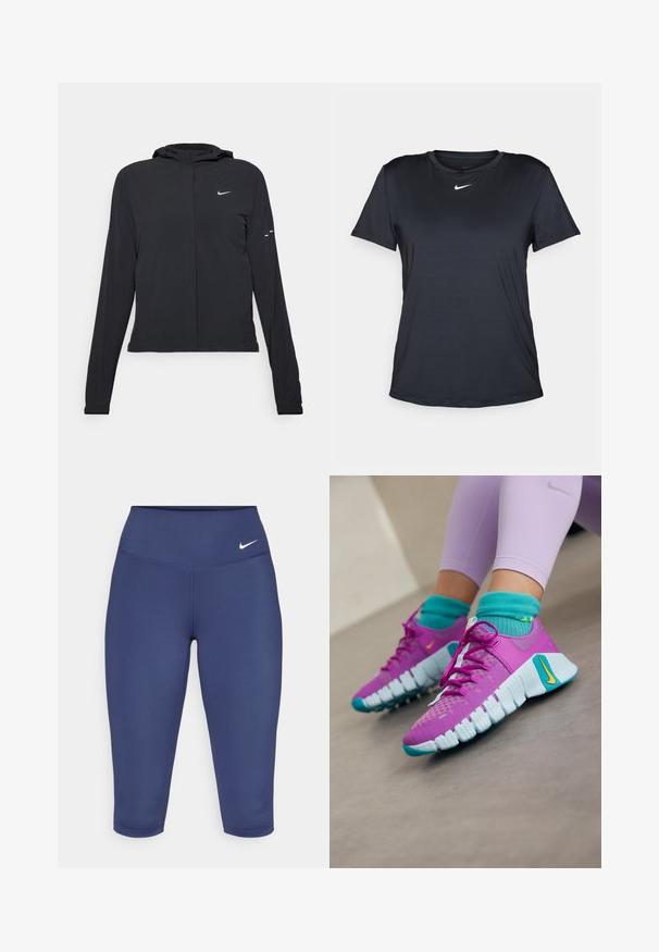 Črna kapuča s dolgimi rokavi, izdelana iz lahkega materiala. Ima sprednji zadrgo, logotip Nike in subtilne oblikovne detajle.; Črna Nike majica s kratkimi rokavi, okrolim izrezom, izdelana iz gladkega materiala, z majhnim belim logotipom na prsih.; Mornarsko modre capri leggins hlače iz raztegljive tkanine, z širokim pasom in malim belim logotipom na levi strani. Brez vidnih šivov.; Nike Performance Trening copati - hyper violet/laser orange/glacier blue/dusty cactus