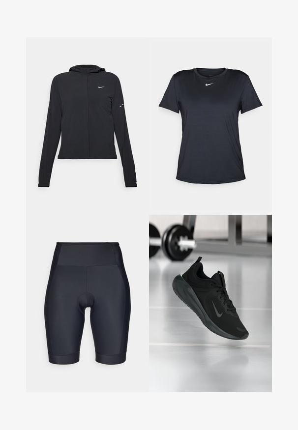 Veste à capuche noire avec des manches longues, fabriquée en matériau léger. Elle comporte une fermeture éclair à l'avant, un logo Nike et des accents de design subtils.; T-shirt Nike noir à manches courtes, col rond, fabriqué en tissu lisse, avec un petit logo blanc sur la poitrine.; Shorts de cyclisme noirs en tissu lisse et extensible. Design taille haute avec un rembourrage et des détails de couture.; Baskets de sport noires avec le logo Nike, montrées en l'air au-dessus d'un sol de gym, avec un rack de haltères flou en arrière-plan.