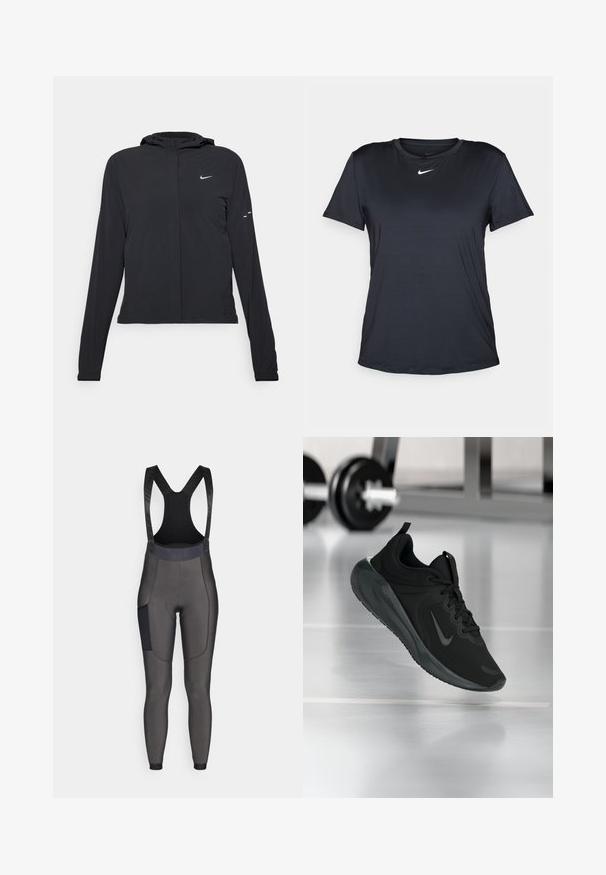 Black hooded jacket with long sleeves, made from lightweight material. Features a front zipper, a Nike logo, and subtle design accents.; Black Nike T-shirt with short sleeves, round neckline, made from smooth fabric, featuring a small white logo on the chest.; Bib-style cycling tights in dark gray. Made of stretchy material, featuring a padded seat, mesh straps, and a side pocket. Smooth texture.; Black sports sneaker with Nike logo, shown mid-air on gym floor, with blurred dumbbell rack in background.