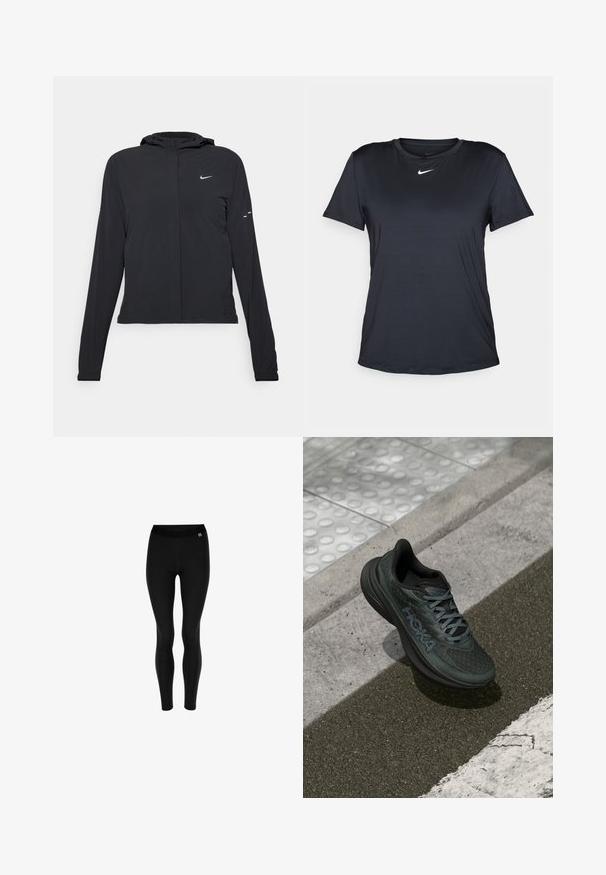 Sort hættetrøje med lange ærmer, lavet af letvægtsmateriale. Har en frontlynlås, et Nike-logo og subtile designaccenter.; Sort Nike T-shirt med korte ærmer, rund halsudskæring, lavet af glat stof, med en lille hvid logo på brystet.; Sorte leggings lavet af strækbart materiale med høj talje og glat tekstur. Ingen mønstre; enkelt og kropsnært design.; Sort løbesko med mesh-overdel, teksturerede detaljer og logo, der har en polstret sål og grå snørebånd, placeret på fortovet.