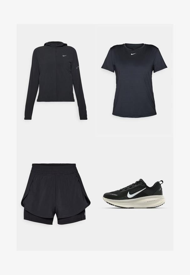 Fekete kapucnis dzseki hosszú ujjakkal, könnyű anyagból készült. Elülső cipzárral, Nike logóval és diszkrét dizájn elemekkel rendelkezik.; Fekete Nike rövid ujjú póló, kerek nyakkivágással, sima anyagból, kis fehér logóval a mellkason.; Fekete sportnadrág elasztikus derékkal, réteges kialakítással és sima textúrával. A benti nadrágok testhezállóak, míg a külső nadrágok laza fit tökéletesek.; Fekete Nike futócipő légáteresztő hálós felsőrésszel, fehér Swoosh logóval, textúrázott részletekkel és krém színű ZoomX középtalppal.