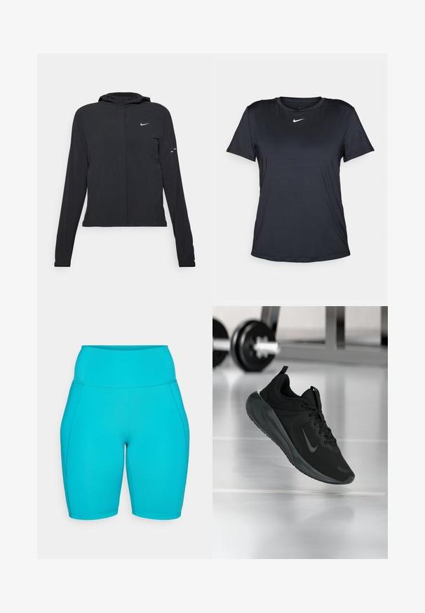 Jachetă neagră cu glugă, cu mâneci lungi, fabricată din material ușor. Dispune de un fermoar frontal, un logo Nike și accente de design subtile.; Tricou negru Nike cu mâneci scurte, guler rotund, confecționat dintr-un material neted, cu un mic logo alb pe piept.; Colanți de ciclism aqua blue cu talie înaltă, dintr-un material elastic și neted, având cusături laterale și un design ajustat pentru confort și flexibilitate.; Tenisii sport negru cu logo-ul Nike, arătați în aer deasupra podelei de sală de sport, cu un suport pentru haltere neclar în fundal.