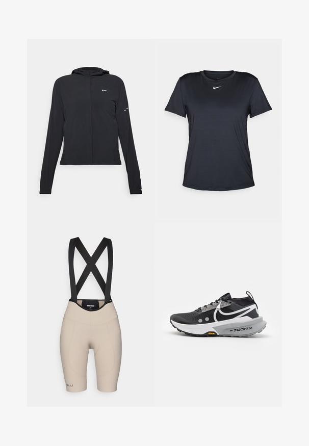 Fekete kapucnis dzseki hosszú ujjakkal, könnyű anyagból készült. Elülső cipzárral, Nike logóval és diszkrét dizájn elemekkel rendelkezik.; Fekete Nike rövid ujjú póló, kerek nyakkivágással, sima anyagból, kis fehér logóval a mellkason.; Beige színű kerékpáros rövidnadrág fekete elasztikus felfüggesztőkkel. Sima textúra, testhezálló dizájn, párnázott betéttel a kényelem érdekében, és logó a lábon.; Fekete futócipő, hálós felsőrésszel, visszaverő részletekkel és fehér középtalppal. Vibram talp és ZoomX párnázási technológia jellemzi.