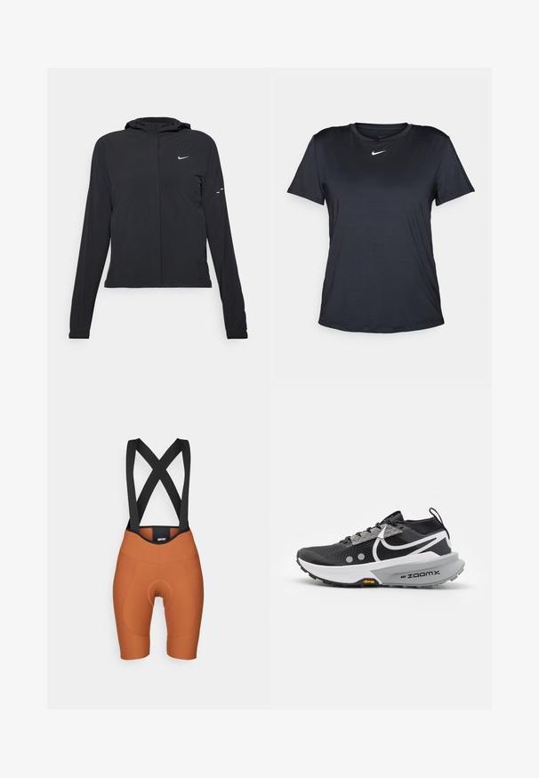 Černá kapucňová bunda s dlouhými rukávy, vyrobená z lehkého materiálu. Obsahuje přední zip, logo Nike a decentní designové akcenty.; Černé tričko Nike s krátkými rukávy, kulatým výstřihem, vyrobené z hladké tkaniny, s malým bílým logem na hrudi.; Oranžové šortky s kšandami černé barvy, polstrovanou sedací oblastí, přiléhavým střihem a hladkou texturou. Žádné viditelné loga ani vzory.; Černá běžecká bota s vrchní částí z prodyšné síťoviny, reflexními detaily a bílou mezipodešví. Obsahuje podešev Vibram a technologii odpružení ZoomX.