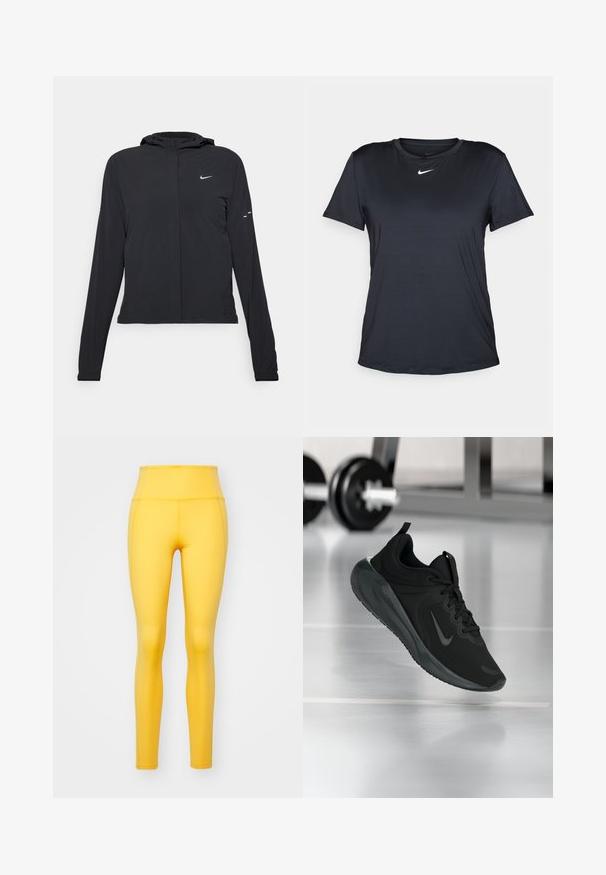 Czarna kurtka z kapturem, z długimi rękawami, wykonana z lekkiego materiału. Posiada zamek błyskawiczny z przodu, logo Nike oraz subtelne akcenty wzornicze.; Czarny T-shirt Nike z krótkimi rękawami, okrągłym dekoltem, wykonany z gładkiej tkaniny, z małym białym logo na piersi.; Girlfriend Collective - Rajstopy; Czarny sportowy sneaker z logo Nike, pokazany w powietrzu na podłodze siłowni, z rozmytym regałem z hantlami w tle.