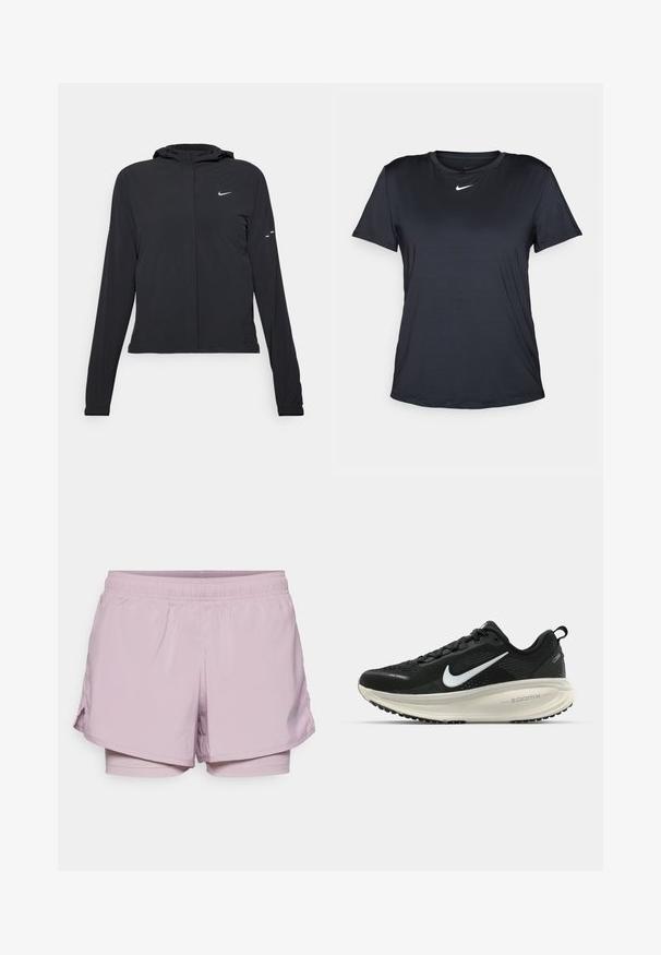 Casaco preto com capuz e mangas longas, feito de material leve. Apresenta um fecho dourado na frente, um logótipo da Nike e detalhes de design subtis.; T-shirt preta da Nike com mangas curtas, decote redondo, feita de tecido liso, com um pequeno logótipo branco no peito.; Calções atléticos rosa claro com um cós elástico, forro interior e aberturas laterais para flexibilidade. Feitos de um tecido leve e respirável.; Sapatilha de corrida Nike preta com parte superior de malha respirável, logotipo Swoosh branco, detalhes texturizados e uma entressola ZoomX na cor creme.