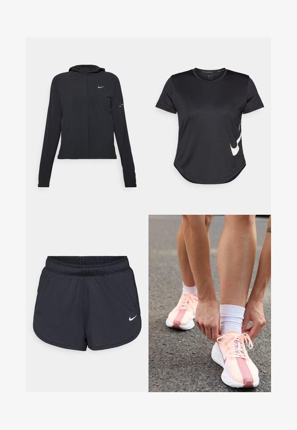 Melnā kapuci jaka ar garām piedurknēm, izgatavota no viegla materiāla. Tam ir priekšējais rāvējslēdzis, Nike logo un smalki dizaina akcenti.; Melnas sporta T-krekls ar īsām piedurknēm, kuram uz apakšējās daļas ir balts Nike swoosh logotips un noapaļota apakšmala.; Melnas sporta šortus, kas izgatavoti no viegla, elpojoša auduma. Iezīmē elastīga josta un balts Nike logo labajā apakšējā stūrī.; Nike Performance PEGASUS PLUS - Apavi skriešanai pa asfaltu - crimson tint/white/pure platinum/red stardust/vast grey