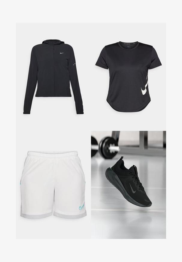 Veste à capuche noire avec des manches longues, fabriquée en matériau léger. Elle comporte une fermeture éclair à l'avant, un logo Nike et des accents de design subtils.; T-shirt de sport noir à manches courtes, arborant un logo Nike swoosh blanc sur le bas et un ourlet arrondi.; Shorts de sport blancs avec taille élastique, présentant des accents turquoise et un ourlet en maille grise. Texture de tissu lisse, coupe droite.; Baskets de sport noires avec le logo Nike, montrées en l'air au-dessus d'un sol de gym, avec un rack de haltères flou en arrière-plan.