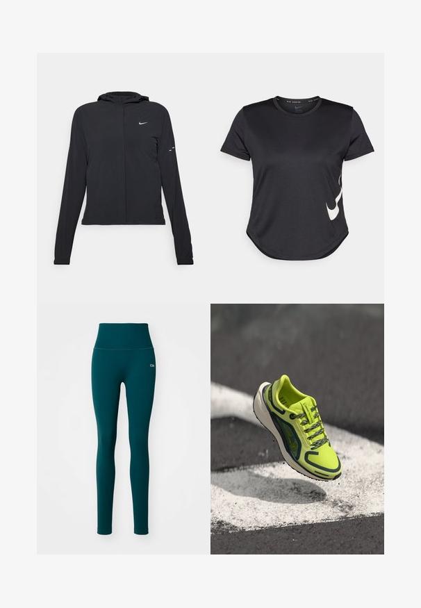 Giacca nera con cappuccio e maniche lunghe, realizzata in materiale leggero. Presenta una zip frontale, il logo Nike e accenti di design sottili.; Maglietta sportiva nera a maniche corte, con il logo swoosh bianco di Nike sul lato inferiore e un orlo arrotondato.; Leggings alta in vita di colore teal, realizzati in tessuto a coste. Caratterizzati da una superficie liscia e un piccolo logo sull'anca sinistra. Senza motivi o decorazioni.; Scarpa da corsa gialla neon con tomaia in rete traspirante, accenti scuri a contrasto, lacci testurizzati e un intersuola bianca ammortizzata.